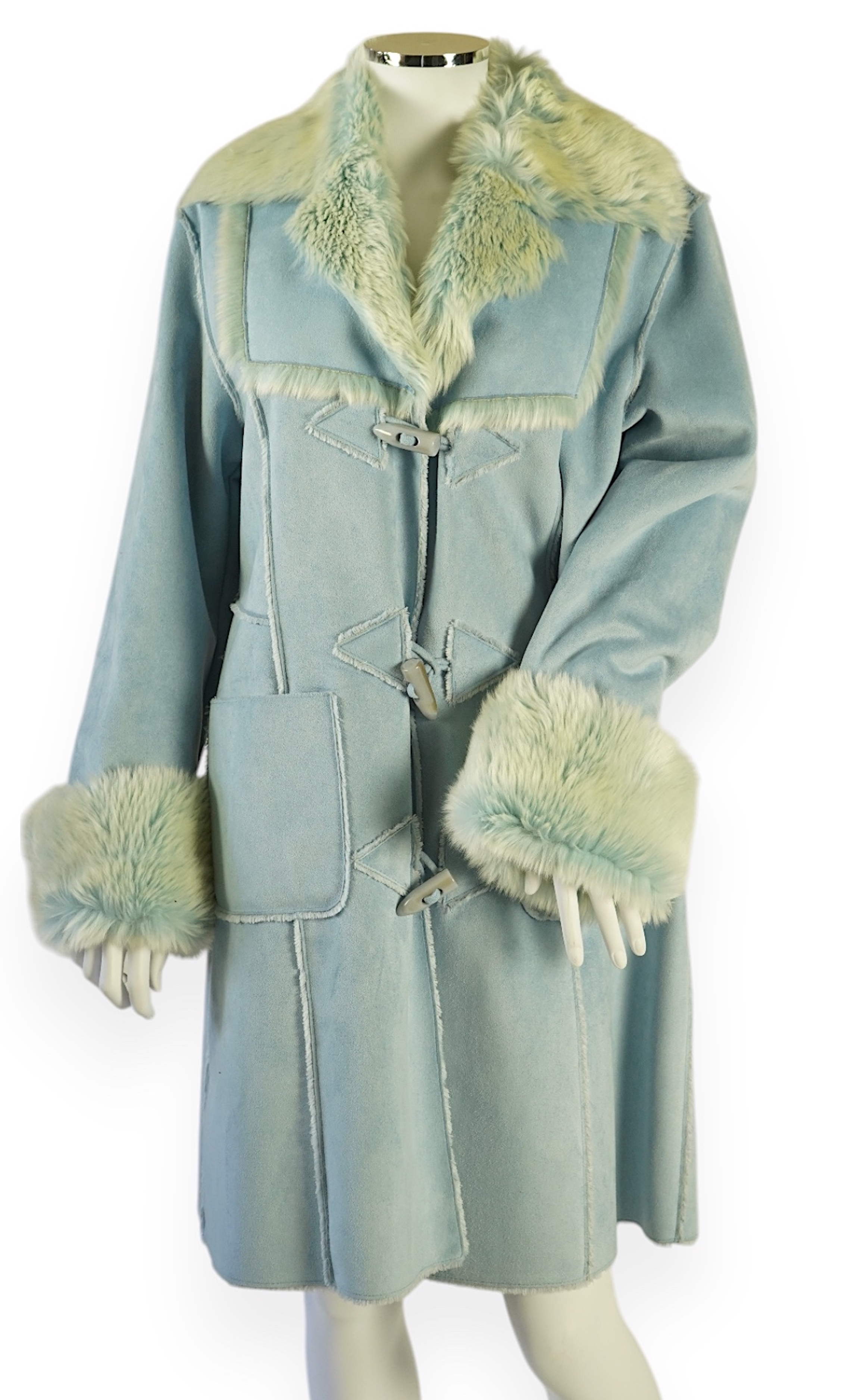 A lady's Chamonix faux sheepskin light blue duffle coat UK 12-14